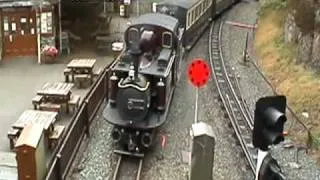 Merddin Emrys steam loco arrives at Tanybwlch station, Blaenau Ffestiniog Railway