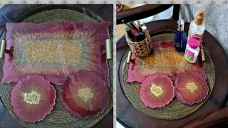 red and gold resine perfume tray and resin coaster set#resinperfumetray