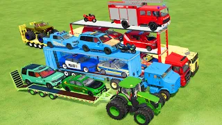 TRANSPORTING POLICE CARS, FIRE TRUCK, CARS, MONSTER TRUCK, AMBULANCE OF COLORS! WITH TRUCKS! - FS 22