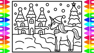 How to Draw a Christmas Unicorn ✨🎄🦄 ❤️💚✨ Christmas Drawing Easy and Beautiful for Kids Coloring Page