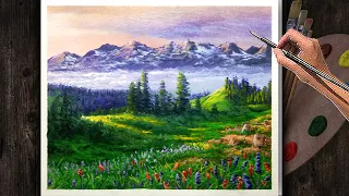 Acrylic Landscape Painting Lesson/ Field of Wild Flowers with Sunrise / Fine Arts