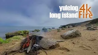 *5 HRS* Beach Fireplace Morning Fire by Ocean 4K - Yule Log Long Island