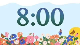 8 Minute Cute Spring Bees and Flowers Classroom Timer (No Music, Piano Alarm at End)