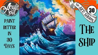 Ship in Storm Daily Painting Step by step Acrylic Tutorials Day 30 #AcrylicApril2020