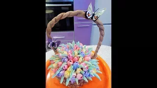 Торт-корзина с цветами "Запахло весной": Тюьпаны из крема.Cake - basket with tulips.