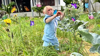 Bibi has leg pain but runs away from Dad to have fun with butterflies on the farm