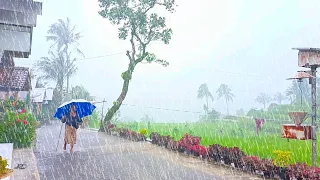 Walking during Heavy Rain in the Village | Beautiful Countryside in the Hills - ASMR Rain Sounds