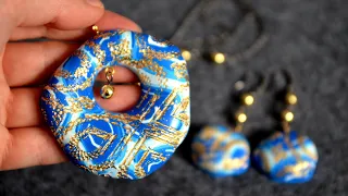 hollow blue-gold jewelry Set from polymer clay tutorial FIMO