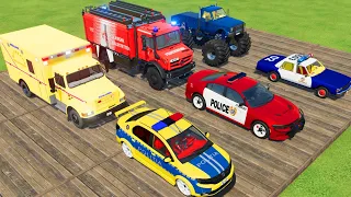 TRANSPORTING CARS, FIRE TRUCK, POLICE CARS, AMBULANCE, MONSTER TRUCK OF COLORS! WITH TRUCKS! - FS 22