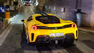 Ferrari 488 Pista with NOVITEC Exhaust in Monaco - Blue FLAMES, Accelerations, Chased by Police!