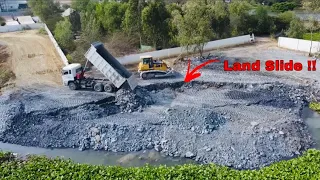 LandSlide!!Crazy Hard Work Of Bulldozer Pushing Stones Bury The Side Of Lake With 25T Dump Truck