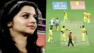 Actress Vedhika Enjoying Chennai Rhinos Tough Bowling & Fielding Attack Against Mumbai Heroes