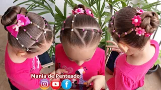 Penteado Infantil fácil com coque, amarração, ligas, flores ou laço | Bun hairstyle for little girl