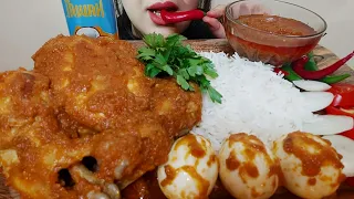 ASMR EATING SPICY WHOLE CHICKEN CURRY, SPICY EGG CURRY, CHILLI, RICE, MUKBANG, EATING SOUNDS