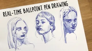 Real-time Drawing - Ballpoint Pen Portraits ✍️ (no voiceover) ASMR STUDY WITH ME!