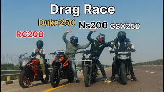 Drag Race || RC200 Vs Duke250 Vs Ns200 Vs GSX250r