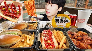 ASMR MUKBANG | FIRE NOODLES & Cheetos, Fried Chicken, burger, Cheese stick, Convenience store