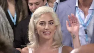 Lady Gaga and Bradley Cooper arrive at the press conference of A Star is Born in Venice