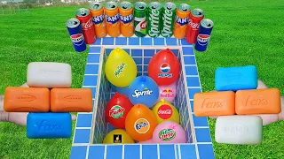 Experiment: Coca Cola of Fanta ! Balloons, Soap, Football, Sprite, 7up, Pepsi And Mentos İn The Pool