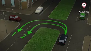 По какой траектории разрешено выполнить разворот на нерегулируемом перекрёстке синему автомобилю?