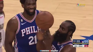 Joel Embiid and James Harden "fight" over who gets the last turnover