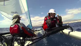 three sailing on Hobie Mirage Tandem island with 20+ knots of wind