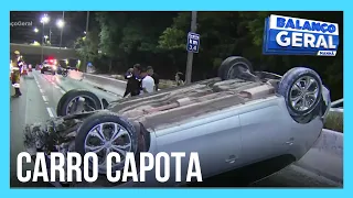 Motorista capota carro emprestado e provoca congestionamento na Avenida 23 de Maio, em São Paulo