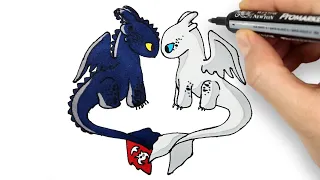 Toothless and Light Fury. Drawing and Coloring | Dişsiz ve Işığın Öfkesi. Çizim ve Boyama