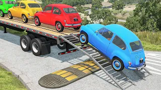 Small Cars Transportation with Truck on Flatbed Trailer - Speed Bump vs Car - BeamNG.Drive