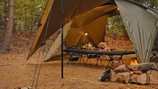 Solo Camping with My Dog . Relaxing in the Hot Tent . Wood Stove ASMR