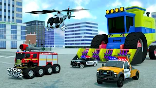 Cosechadora Gigante Vs Coches De Policía 🚒🚔🚑 Dibujos animados de coches de emergencia para niños