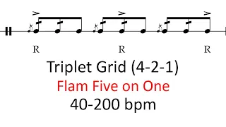 Flam five on one | 40-200 bpm play-along triplet grid drum practice sheet music