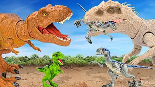 REXY's Adventure |T-rex Vs Indominus Rex and Velociraptor protecting Rexy |Jurassic World Movie Toys