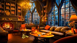 Cozy Winter Coffee Shop Ambience☕  Smooth Piano Jazz Music & Crackling Fireplace for Work, Focus🎄
