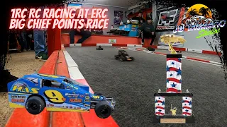 1RC 1/18 scale indoor carpet RC oval racing.  Big Chief Points series race at ERC