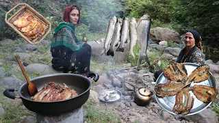 Fishing Trout & Cooking on Campfire By the River ♤ Easy & Delicious Fish Recipes ♤ قزل آلا