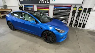 3M 2080 Satin Perfect Blue on a 2021 Tesla Model 3 Performance