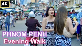 Phnom Penh Evening Walk: Street Scene, Market Walk Tour | Cambodia 4K