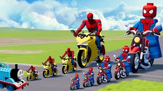 Big & Small: Lego Spiderman on a Motorcycle vs Spiderman on Motorcycle vs Thomas the Train | BeamNG