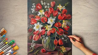 How to paint Tulips | Bouquet of Flowers oil painting time-lapse