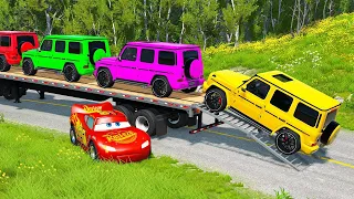 Double Flatbed Trailer Truck vs Speedbumps | Train vs Cars | Tractor vs Train | BeamNG.Drive #001