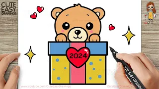 How to Draw Cute Teddy Bear Holding Gift Box - Easy Drawing and Coloring for Kids