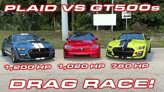 1,200 HP GT500 vs PLAID * Tesla Plaid Model S vs Ford Mustang Shelby GT500s 1/4 Mile Drag Race