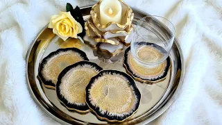 #1058 My Favourite Resin Coasters So Far! Amazing Effects. Black, Gold And Silver Geode Shaped