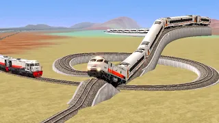 2 trains take turns crossing the branched circle rail up and down.