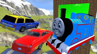 Crazy Vehicle High Speed Jumps Over THOMAS Train In Green Slime Water Wall - BeamNG drive Jumps