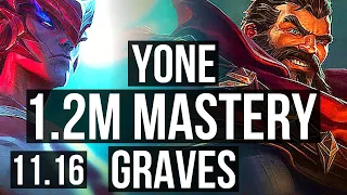 YONE vs GRAVES (MID) | 2300+ games, 8 solo kills, 1.2M mastery, 16/5/14 | KR Master | v11.16