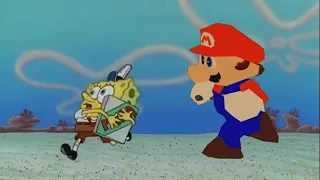 Super Mario trying to get a pizza from Spongebob