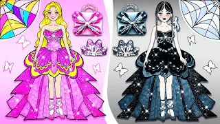 Paper Dolls Dress Up - Black Wednesday Addams VS Pink Rapunzel In School - Barbie Contest Handmade