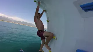 Showing Some Strength on the FunAir Climbing Wall